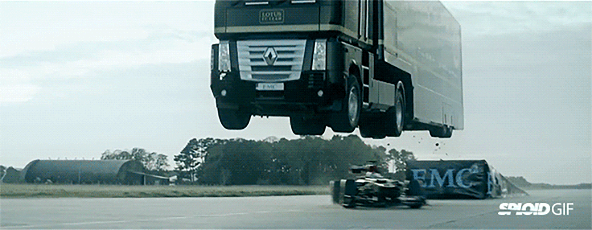semi truck jumps an f1 car